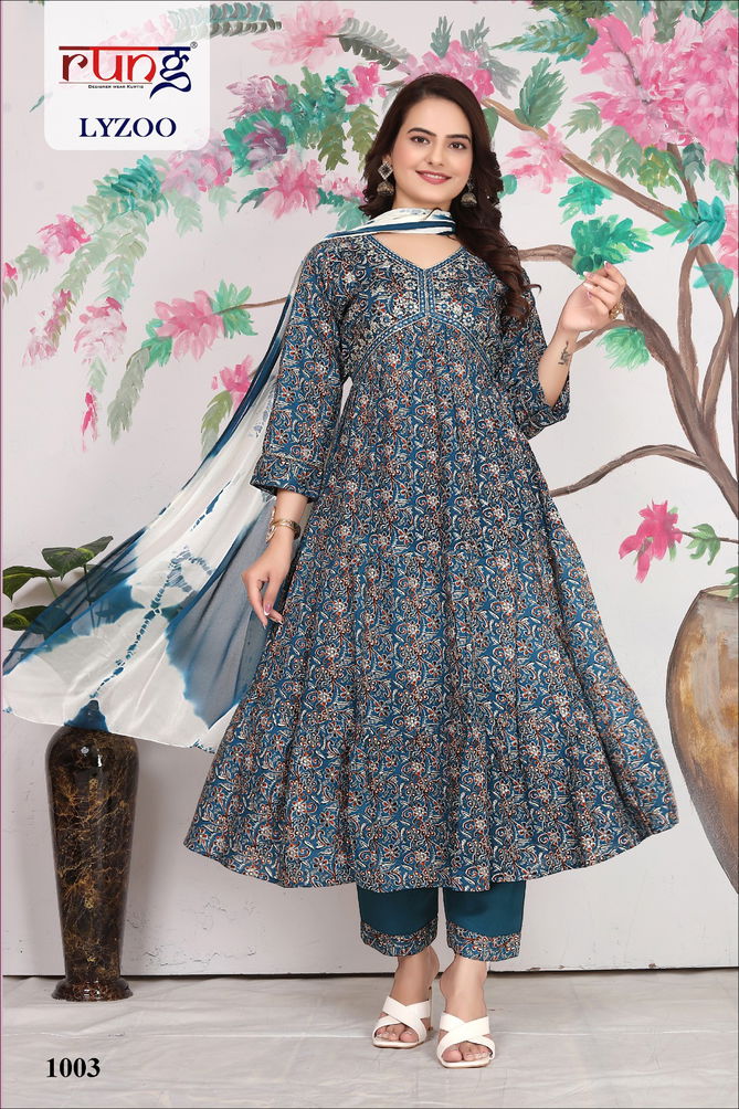 Lyzoo By Rang Rayon Alia Cut Embroidery Long Kurti With Bottom Dupatta Wholesale Price In Surat